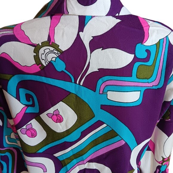 Large Vintage 70s Psychedelic Print Blouse Abstract Floral Groovy Granny Hippie - Picture 8 of 9